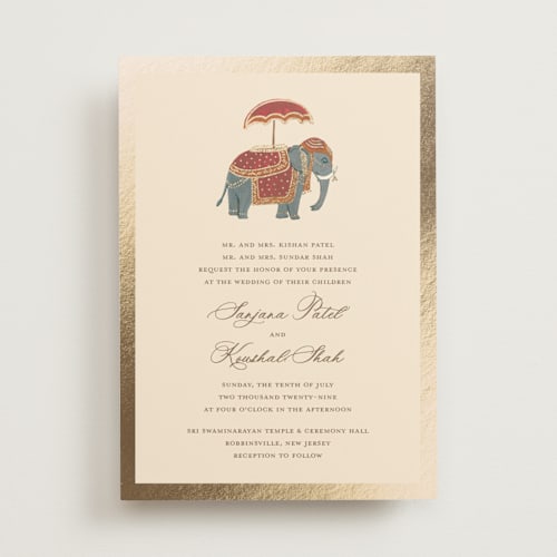 This is a honey foil stamped wedding invitations with foil pressed by Teju Reval called indian elephant printing on signature in standard