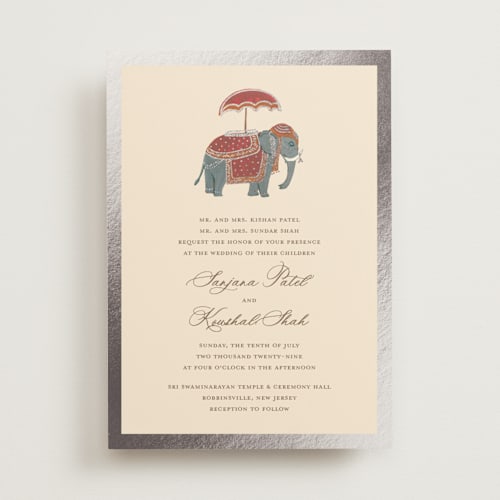 This is a honey foil stamped wedding invitations with foil pressed by Teju Reval called indian elephant printing on signature in standard