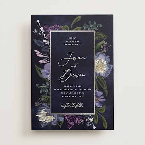 This is a violet foil stamped wedding invitations with foil pressed by Susan Moyal called after midnight printing on signature in standard