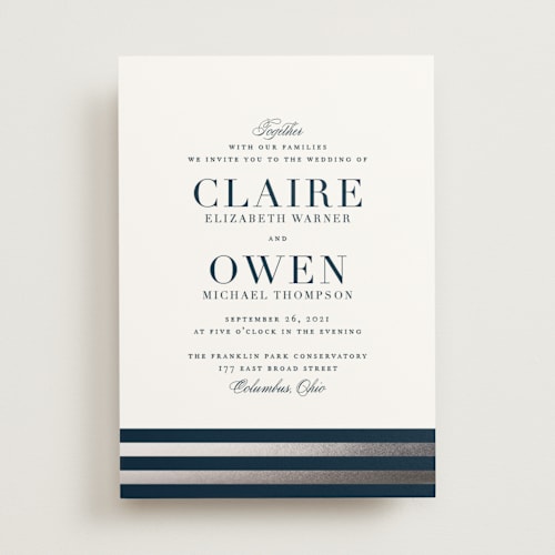 This is a navy foil stamped wedding invitations with foil pressed by Jennifer Postorino called deluxe printing on signature in standard