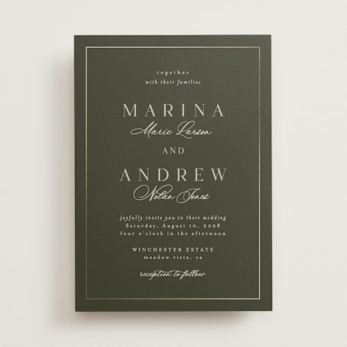 This is a deep olive foil stamped wedding invitations with foil pressed by Nicole Walsh called refined printing on signature in standard