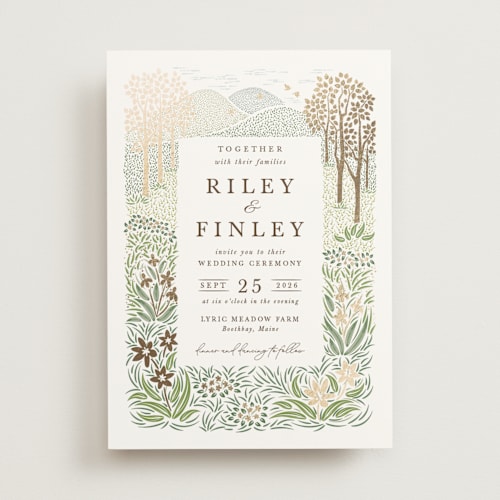 This is a forest foil stamped wedding invitations with foil pressed by Paper Sun Studio called in the country printing on signature in standard