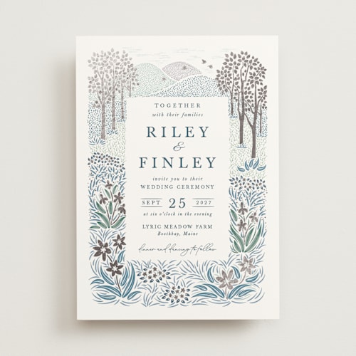 This is a cobalt foil stamped wedding invitations with foil pressed by Paper Sun Studio called in the country printing on signature in standard