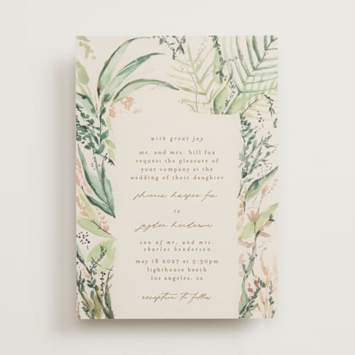 This is a greenery foil stamped wedding invitations with foil pressed by Phrosné Barwood called fresh tropical printing on signature in standard