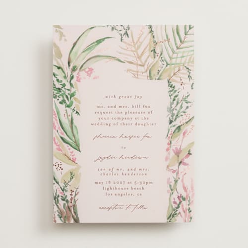 This is a spring foil stamped wedding invitations with foil pressed by Phrosné Barwood called fresh tropical printing on signature in standard