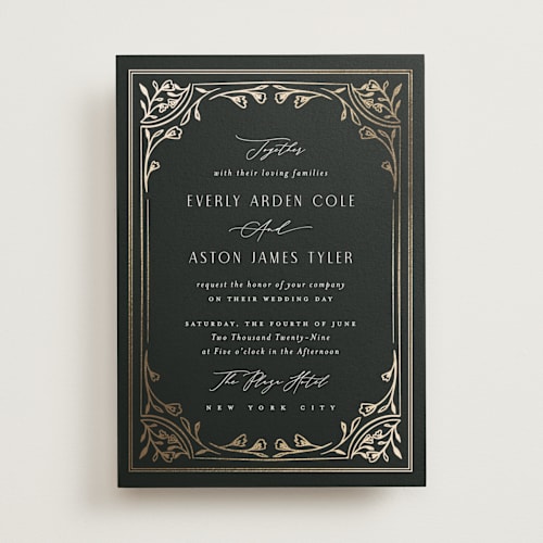 This is a onyx foil stamped wedding invitations with foil pressed by Nicoletta Savod called majesty printing on signature in standard