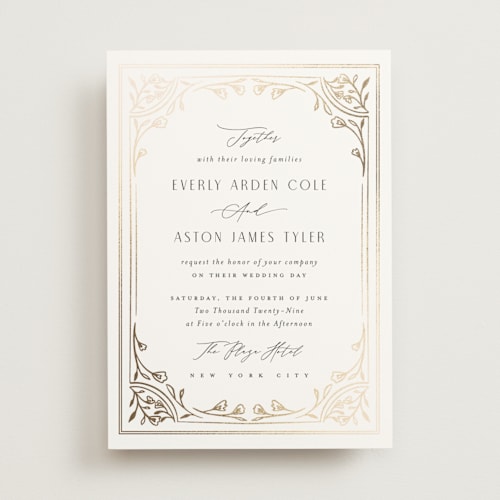 This is a chiffon foil stamped wedding invitations with foil pressed by Nicoletta Savod called majesty printing on signature in standard