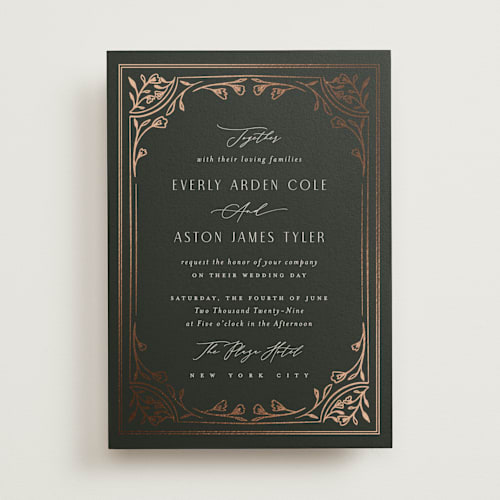 This is a olive foil stamped wedding invitations with foil pressed by Nicoletta Savod called majesty printing on signature in standard