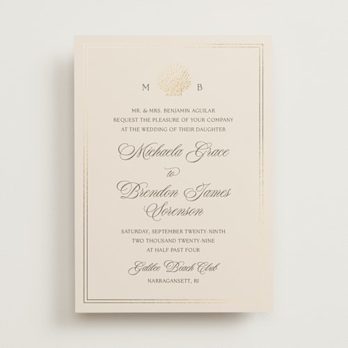 This is a champagne foil stamped wedding invitations with foil pressed by Griffinbell Paper Co. called seaside printing on signature in standard
