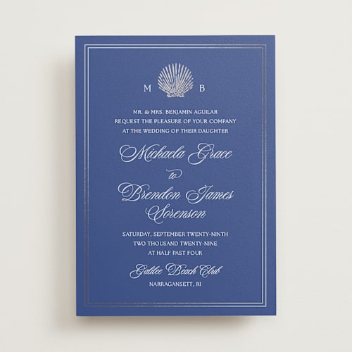 This is a cobalt foil stamped wedding invitations with foil pressed by Griffinbell Paper Co. called seaside printing on signature in standard