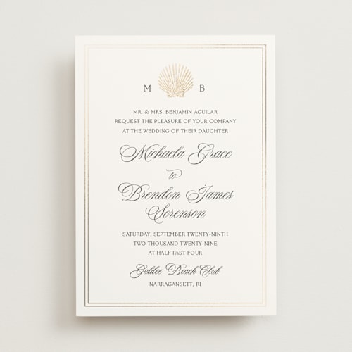 This is a vermeil foil stamped wedding invitations with foil pressed by Griffinbell Paper Co. called seaside printing on signature in standard