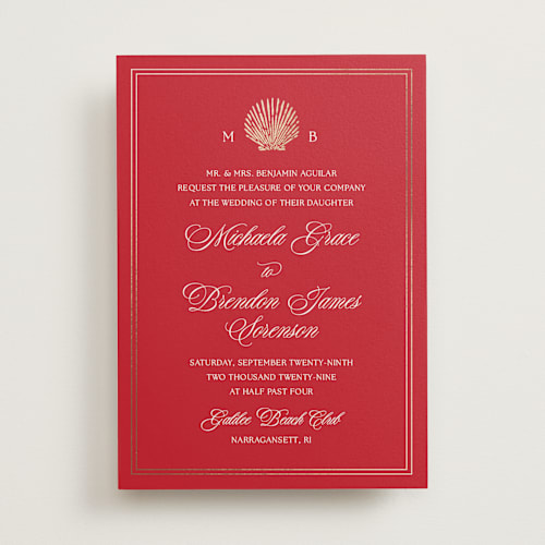 This is a crimson foil stamped wedding invitations with foil pressed by Griffinbell Paper Co. called seaside printing on signature in standard
