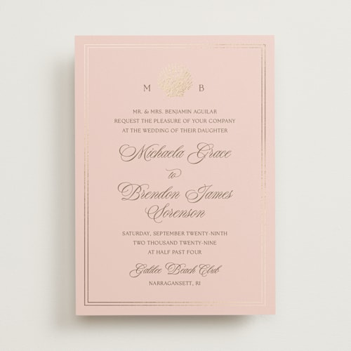 This is a macarons foil stamped wedding invitations with foil pressed by Griffinbell Paper Co. called seaside printing on signature in standard