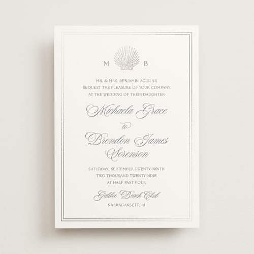 This is a platinum foil stamped wedding invitations with foil pressed by Griffinbell Paper Co. called seaside printing on signature in standard