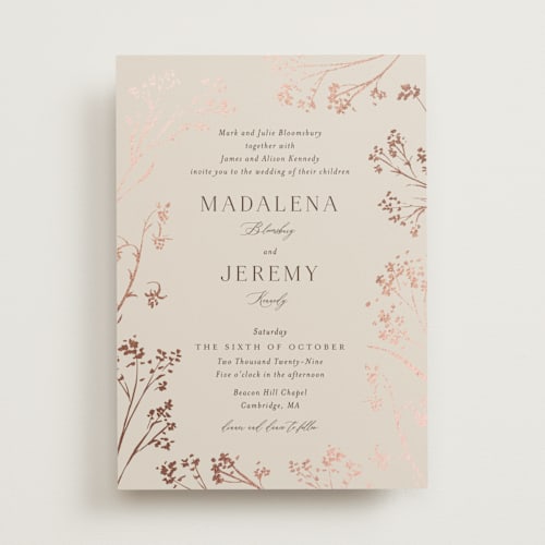 This is a almond foil stamped wedding invitations with foil pressed by frau brandt called shining florals printing on signature in standard