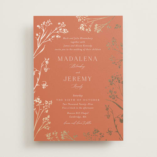 This is a terracotta foil stamped wedding invitations with foil pressed by frau brandt called shining florals printing on signature in standard