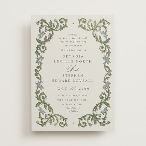 This is a bluebell foil stamped wedding invitations with foil pressed by Jen Owens called grandeur printing on signature in standard