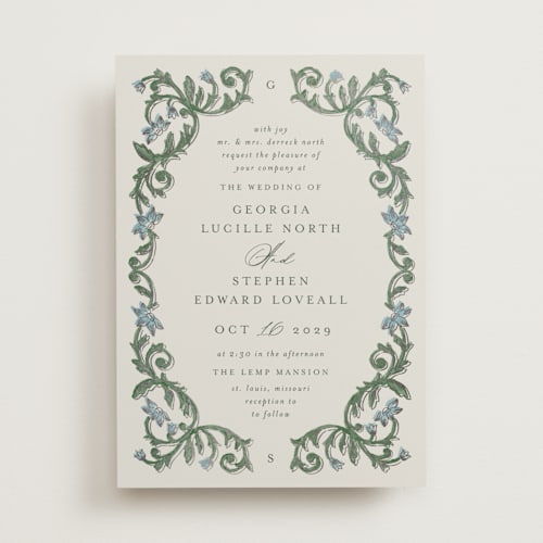 This is a bluebell foil stamped wedding invitations with foil pressed by Jen Owens called grandeur printing on signature in standard