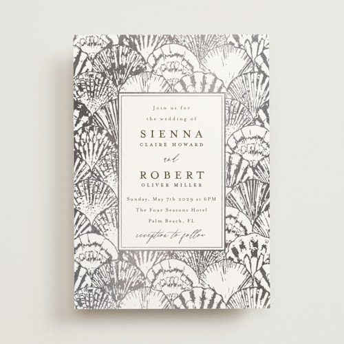 This is a pearl foil stamped wedding invitations with foil pressed by Maria Alou called by the seashore printing on signature in standard