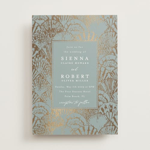 This is a ocean foil stamped wedding invitations with foil pressed by Maria Alou called by the seashore printing on signature in standard