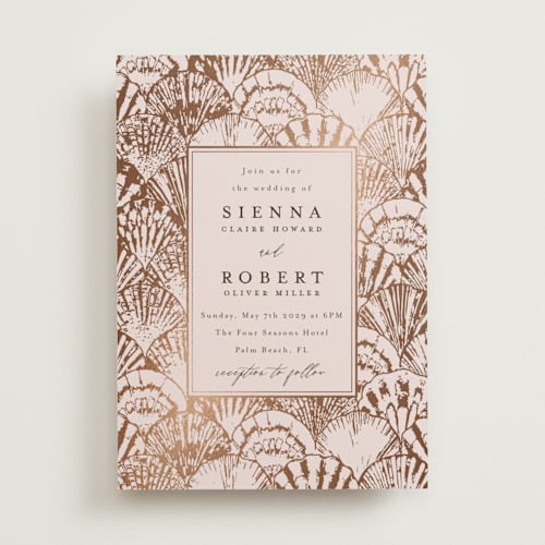 This is a pink orchard foil stamped wedding invitations with foil pressed by Maria Alou called by the seashore printing on signature in standard