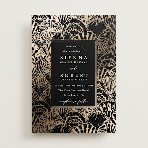 This is a onyx foil stamped wedding invitations with foil pressed by Maria Alou called by the seashore printing on signature in standard