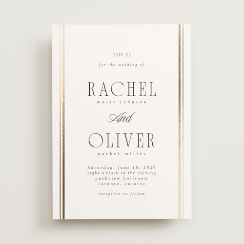 This is a pearl foil stamped wedding invitations with foil pressed by Nicole Walsh called side stripe printing on signature in standard