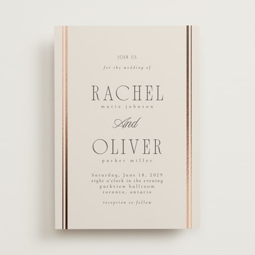 This is a rosewater foil stamped wedding invitations with foil pressed by Nicole Walsh called side stripe printing on signature in standard