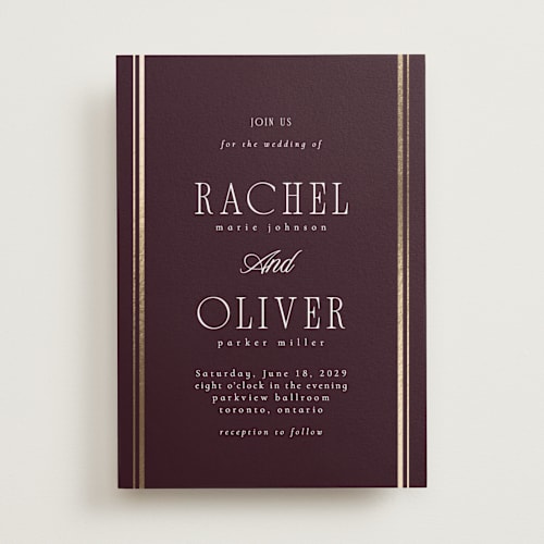 This is a merlot foil stamped wedding invitations with foil pressed by Nicole Walsh called side stripe printing on signature in standard