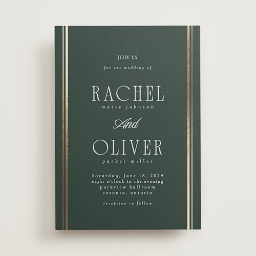 This is a hunter green foil stamped wedding invitations with foil pressed by Nicole Walsh called side stripe printing on signature in standard