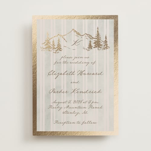 This is a dew foil stamped wedding invitations with foil pressed by Petra Kern called mountain love printing on signature in standard