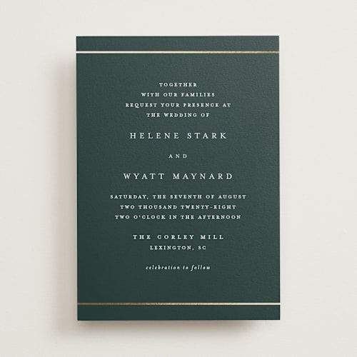 This is a forest foil stamped wedding invitations with foil pressed by Stacey Meacham called style and grace printing on signature in standard