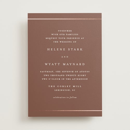 This is a chestnut foil stamped wedding invitations with foil pressed by Stacey Meacham called style and grace printing on signature in standard