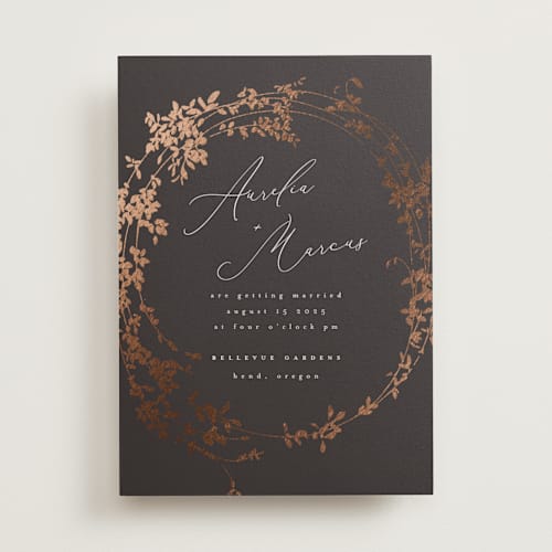 This is a cocoa foil stamped wedding invitations with foil pressed by Leah Bisch called bliss printing on signature in standard