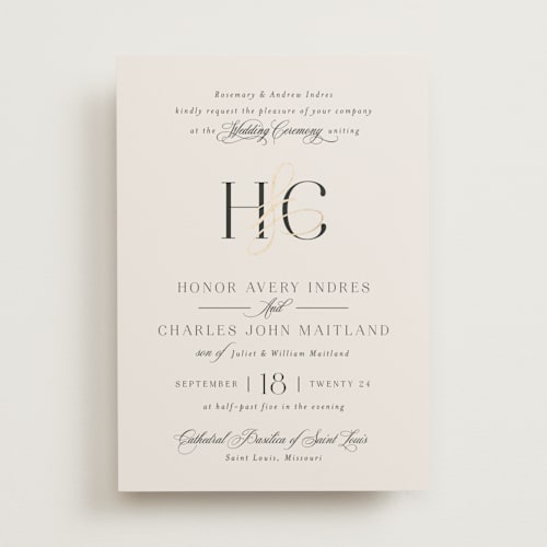 This is a ivory foil stamped wedding invitations with foil pressed by Melanie Kosuge called honor printing on signature in standard