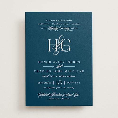 This is a midnight foil stamped wedding invitations with foil pressed by Melanie Kosuge called honor printing on signature in standard