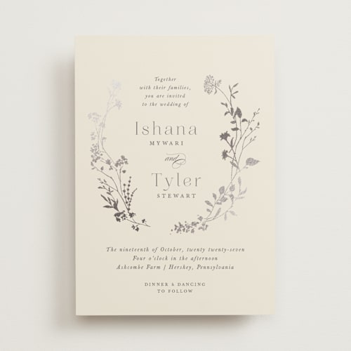 This is a creme brulee foil stamped wedding invitations with foil pressed by Jennifer Wick called queen anne's lace printing on signature in standard