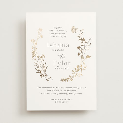 This is a lily foil stamped wedding invitations with foil pressed by Jennifer Wick called queen anne's lace printing on signature in standard