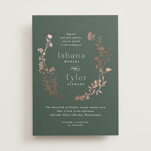 This is a garden foil stamped wedding invitations with foil pressed by Jennifer Wick called queen anne's lace printing on signature in standard