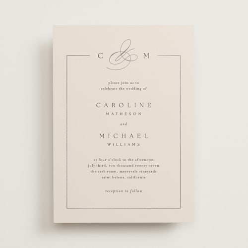 This is a linen foil stamped wedding invitations with foil pressed by Kelly Schmidt called framed monogram printing on signature in standard
