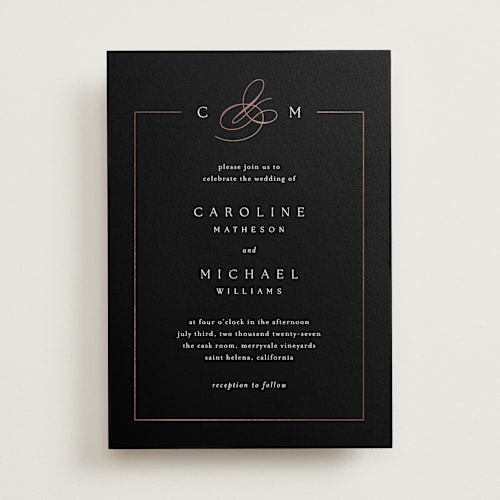 This is a onyx foil stamped wedding invitations with foil pressed by Kelly Schmidt called framed monogram printing on signature in standard