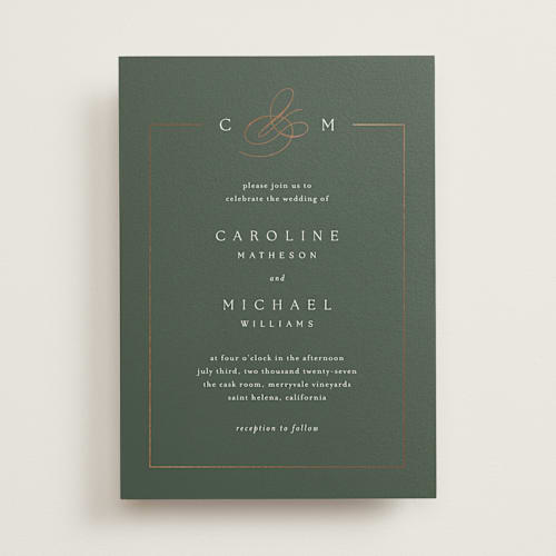 This is a moss foil stamped wedding invitations with foil pressed by Kelly Schmidt called framed monogram printing on signature in standard