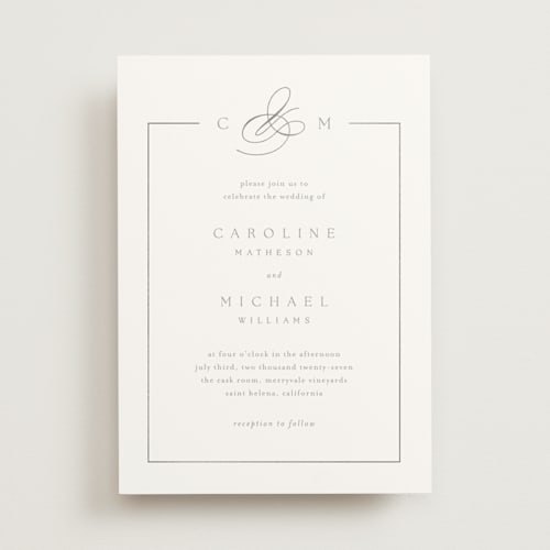 This is a mist foil stamped wedding invitations with foil pressed by Kelly Schmidt called framed monogram printing on signature in standard