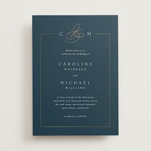 This is a ocean foil stamped wedding invitations with foil pressed by Kelly Schmidt called framed monogram printing on signature in standard