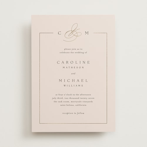 This is a blush foil stamped wedding invitations with foil pressed by Kelly Schmidt called framed monogram printing on signature in standard