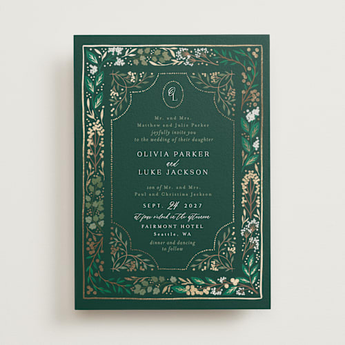 This is a evergreen foil stamped wedding invitations with foil pressed by Alethea and Ruth called illuminated storybook printing on signature in standard