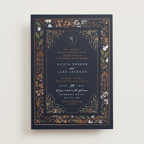 This is a navy foil stamped wedding invitations with foil pressed by Alethea and Ruth called illuminated storybook printing on signature in standard