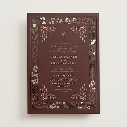 This is a almond foil stamped wedding invitations with foil pressed by Alethea and Ruth called illuminated storybook printing on signature in standard