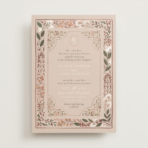 This is a burnt rose foil stamped wedding invitations with foil pressed by Alethea and Ruth called illuminated storybook printing on signature in standard