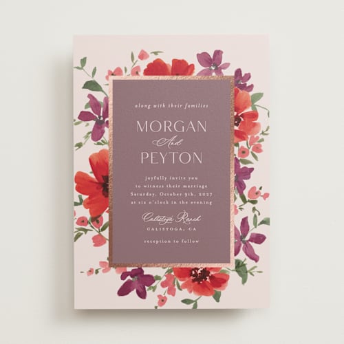 This is a wine foil stamped wedding invitations with foil pressed by Everett Paper Goods called jardin printing on signature in standard
